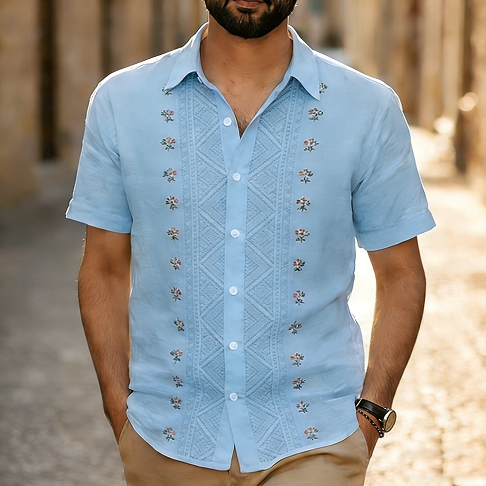 Voor heren Geometrisch Etnisch Bloemen Overhemd Guayabera-shirt Overhemd met knopen Korte mouw Vintage Retro Dagelijks Buiten Vakantie Zomer Lente Strijkijzer 3D-afdrukken Linnenachtig shirt blauw 2026 - $25.99 –P5