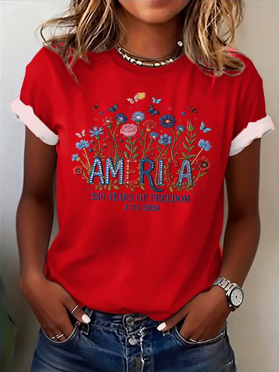 Dia da Independência Americana Mulheres Camiseta Imprimir Floral Gráfico Bandeira à moda Clássico Casual Manga Curta Gola Redonda Decote Redondo Tops regulares Casual Diário Azul Preto Branco Rosa de 2026 por $22.99 –P6