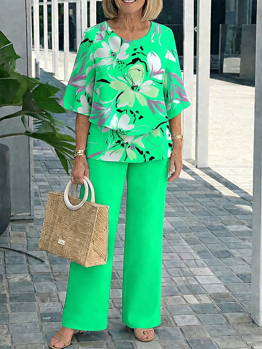 Per donna Set di Pantaloni Manica 3/4 Girocollo Floreale Grafico Elegante Vacanza Casuale Quotidiano Vacanza Blu Fucsia Arancione Estate Vestibilità comoda del 2026 a $48.99 –P2