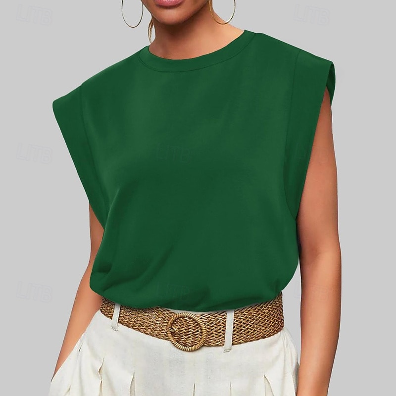 Mulheres Camiseta Côr Sólida Clássico Casual Sem Manga Gola Redonda Tops regulares Diário Para Noite Final de semana Preto Branco Vinho Verde Escuro Damasco Verão Primavera de 2026 por $22.99 –P4