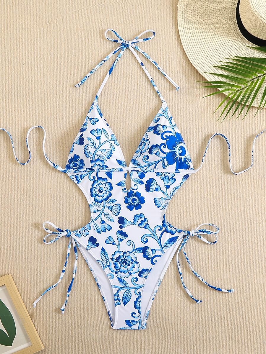 Damen Badeanzug Einteiler Bikini Hohe Taillenlinie Bademode Gerafft Patchwork Urlaub Strandbekleidung Blumen Grafik Neckholder Ärmellos Badeanzüge 2026 - $21.99 –P3