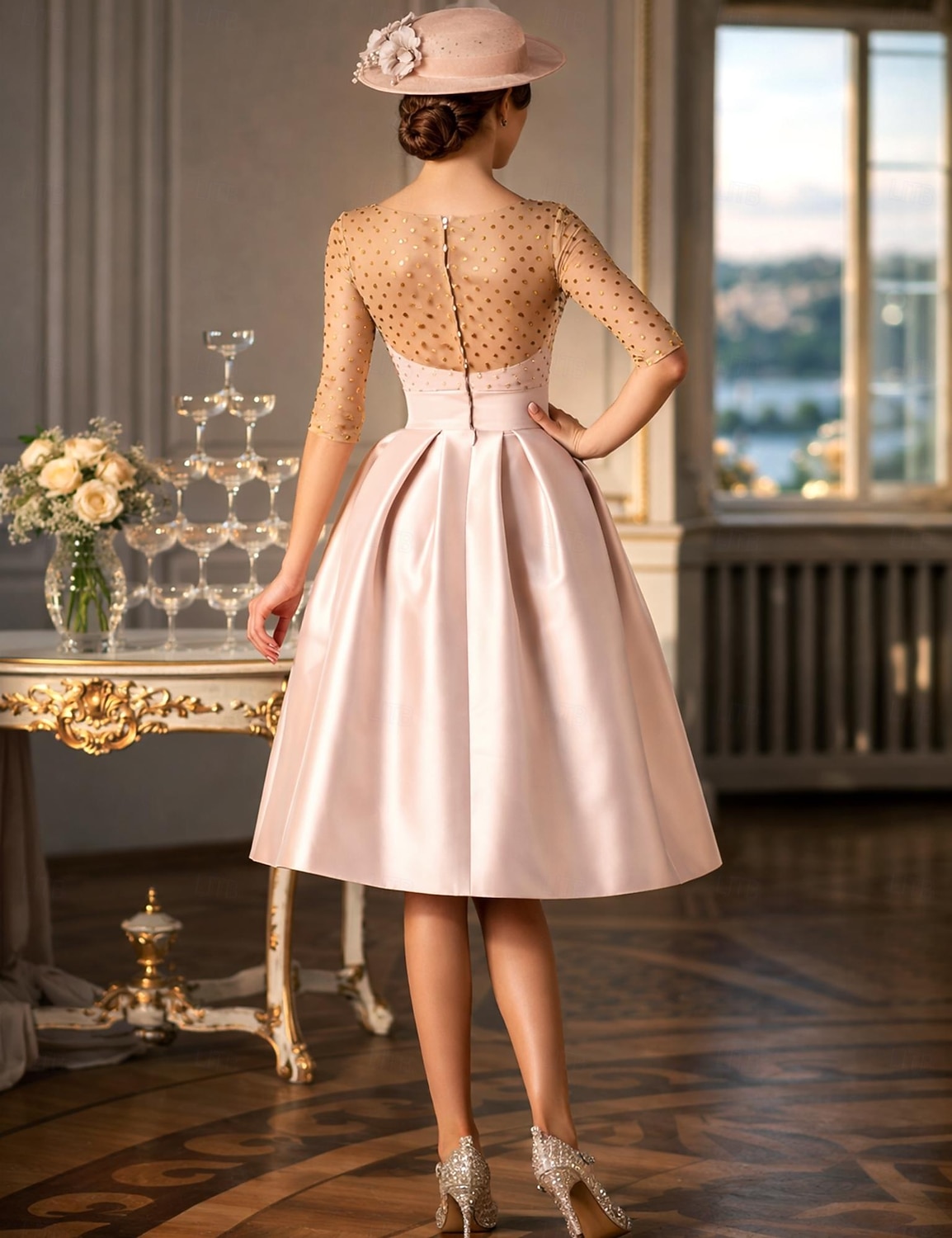 Linia -A Lungime Genunchi Rochii de bal Elegant 1950 Manșon Jumate Bijuterie Invitat la nunta Kentucky Derby Buzunar Satin cu Buton Buzunar 2026 - $160.99 –P2