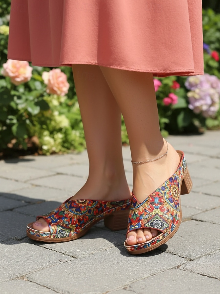 Sandales à talons carrés imprimées style ethnique pour femmes – mules colorées à bout ouvert, idéales pour les vacances, les festivals et les tenues estivales décontractées. de 2026 ? $26.99 –P1