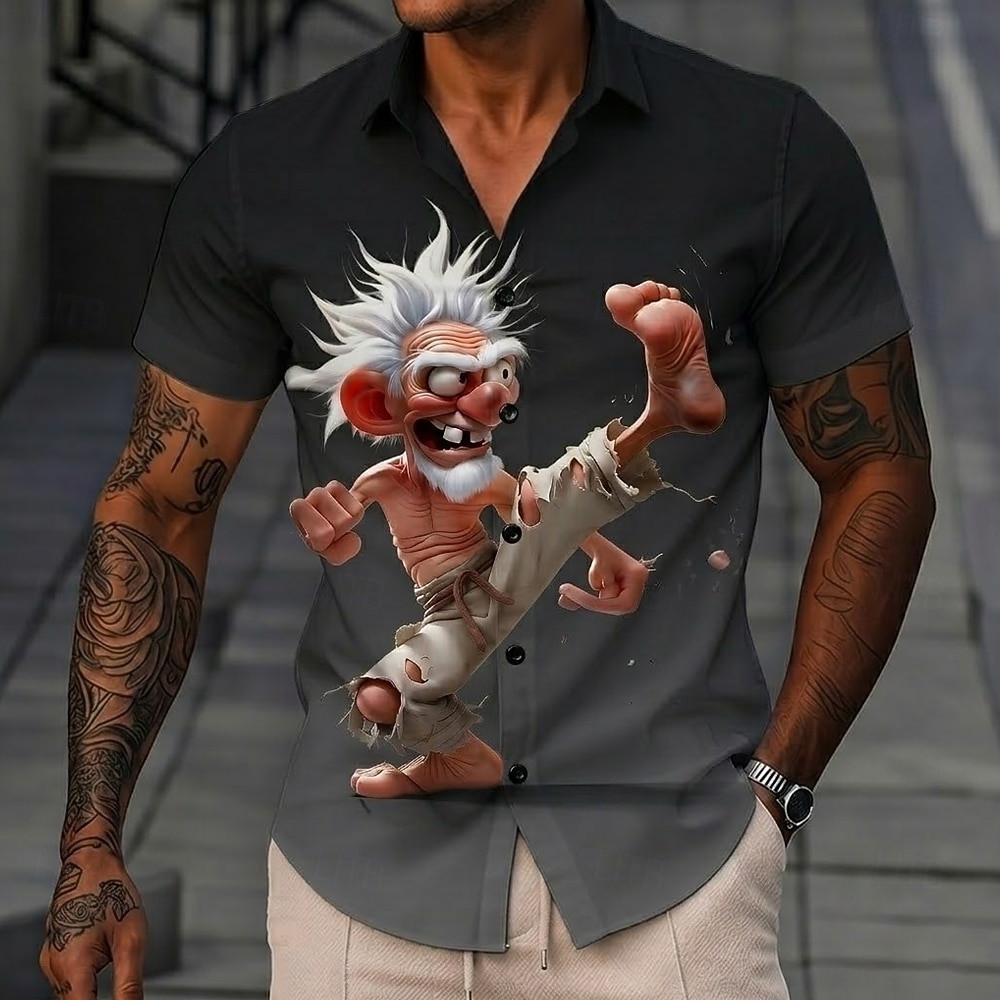 Men's Funny Cartoon Character Old Man Shirt Summer Shirt Button Up Shirt Short Sleeve Vintage Retro Daily Outdoor Vacation Summer Spring Turndown 3D Print Collared Shirts Blue Black Brown Khaki Gray 2026 - $25.99 –P2