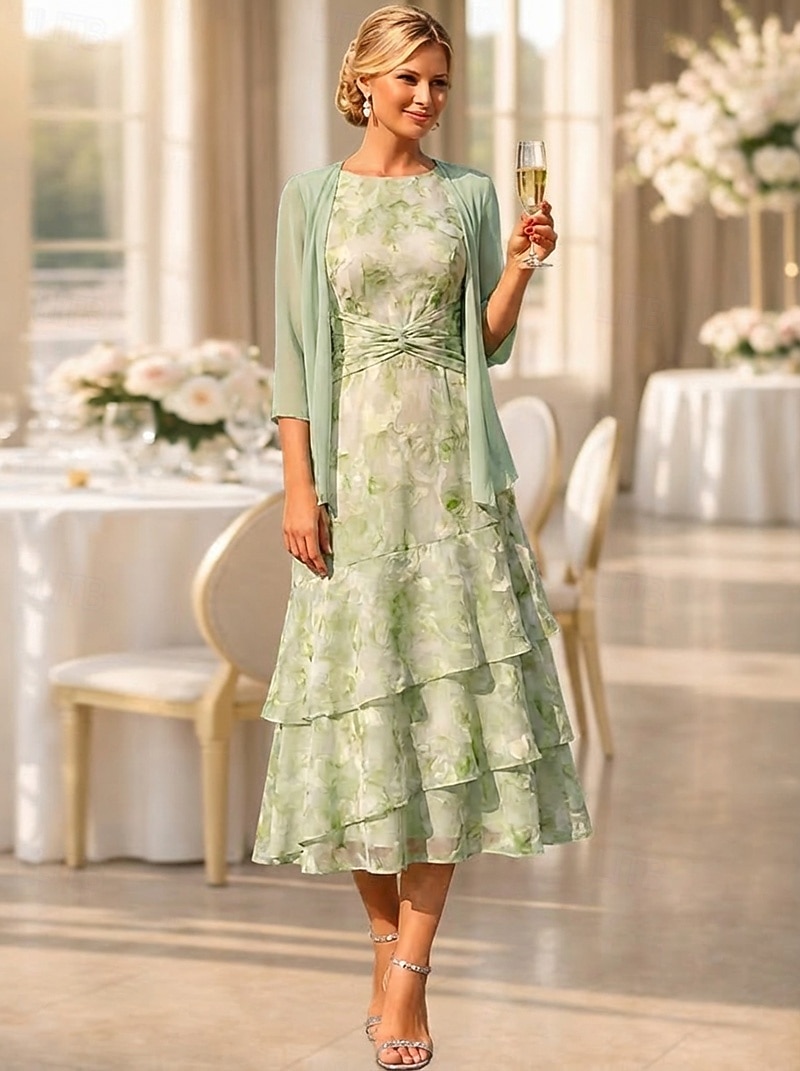 Duas Peças Linha A Longuette Vestido de convidada de casamento Vestido Para Mãe dos Noivos Sem Manga Manga 3/4 Gola Redonda Elegante Simples Minimalista Formal Semi formal Chiffon Jacquard com de 2026 por $174.99 –P7