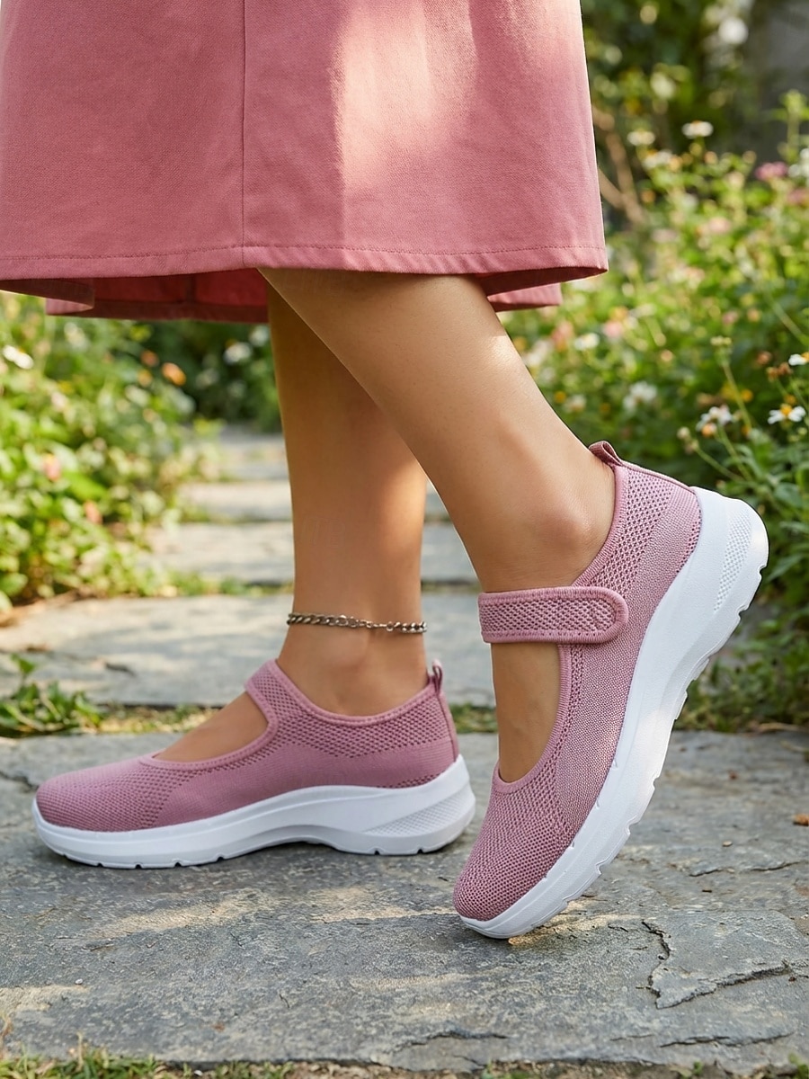 Zapatillas deportivas rosas de punto estilo Mary Jane para mujer, con correa ajustable, calzado cómodo y transpirable para uso diario, para caminar y para todo el día. 2026 - $19.99 –P1