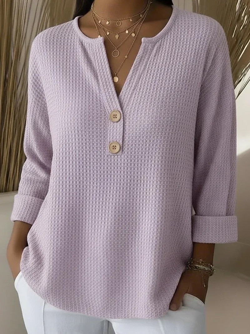 2026年 女性用 ブラウス ボタン 純色 日常 スタイリッシュ カジュアル 長袖 Ｖネック レギュラートップス 日常 ブルー ルビーレッド パープル オレンジ グリーン 春 秋  コレクション – $25.99 –P5