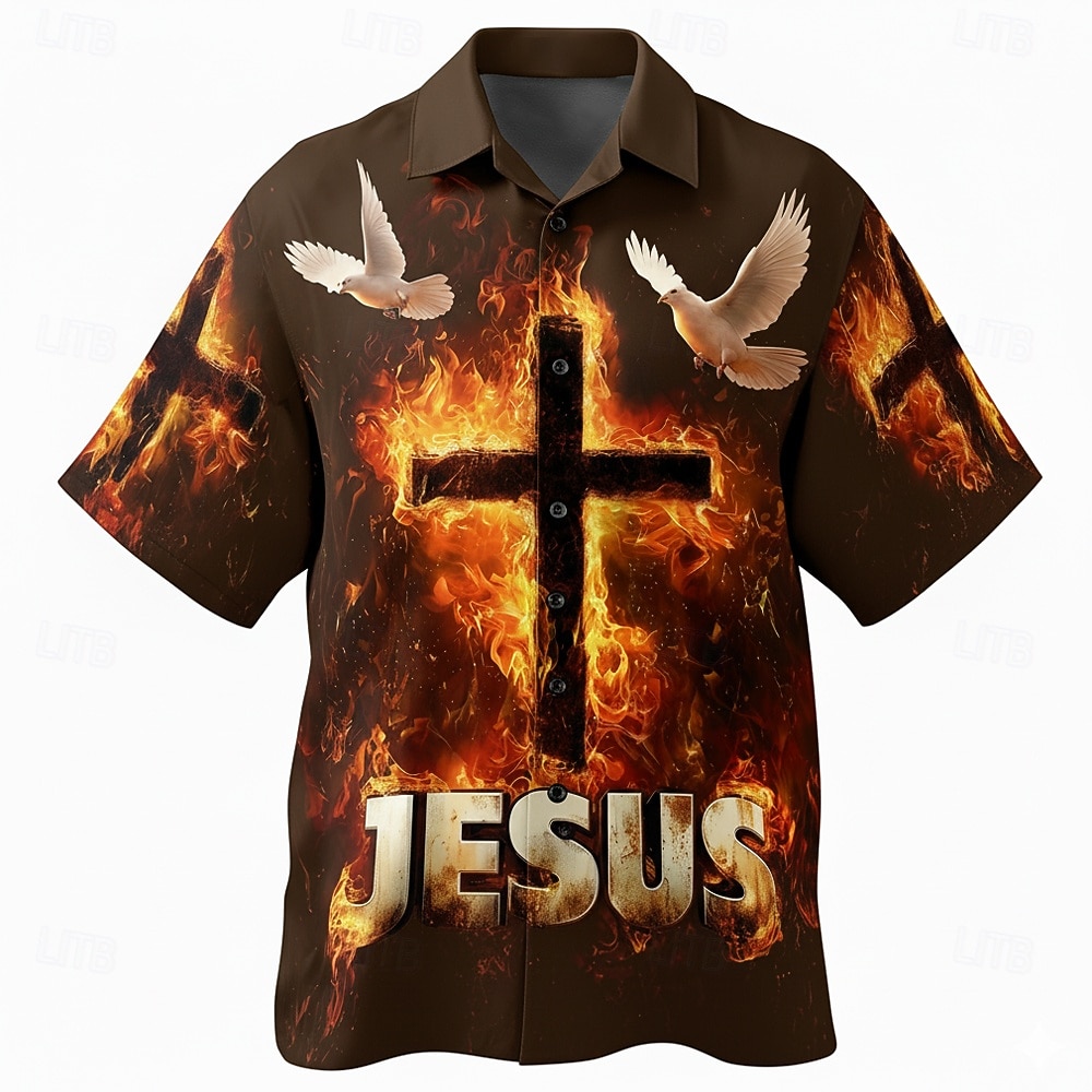 Herren Kreuzfahrer Kreuz Jesus Hemd Knopfhemd Camp-Kragenhemd Kurzarm Vintage-Retro Streetwear Ferien Sommer Frühling Kubanisches Halsband 3D-Druck Blau Schwarz Braun 2026 - $25.99 –P3