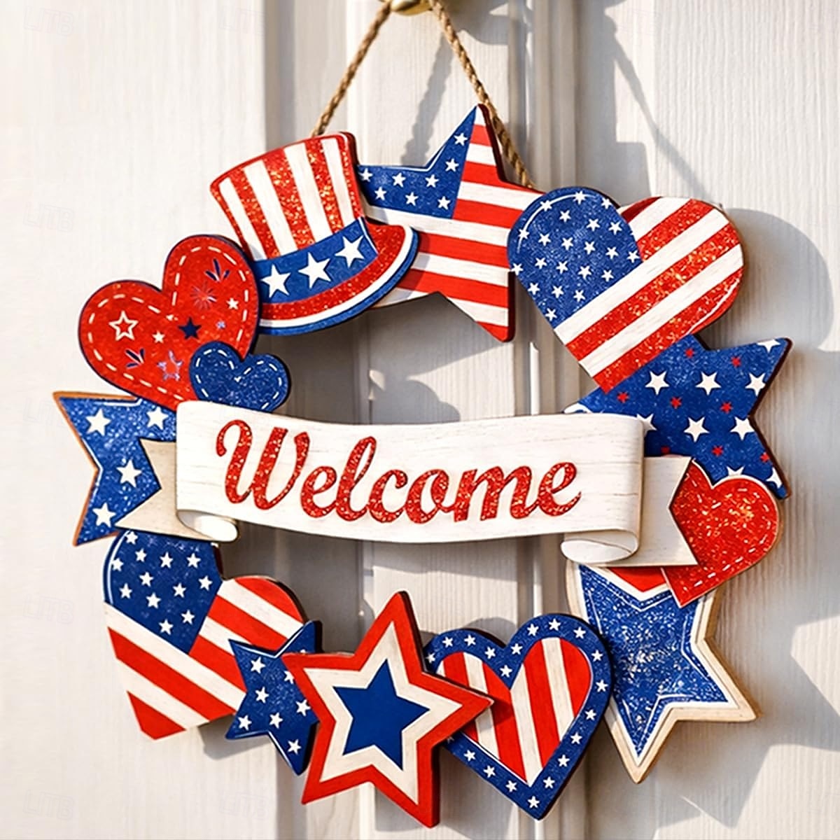 decorazioni in legno per il 4 luglio, ghirlande patriottiche per la porta d'ingresso, decorazioni per il giorno dell'indipendenza, segno stellare di benvenuto, decorazione per il Memorial Day da del 2026 a $14.99 –P1