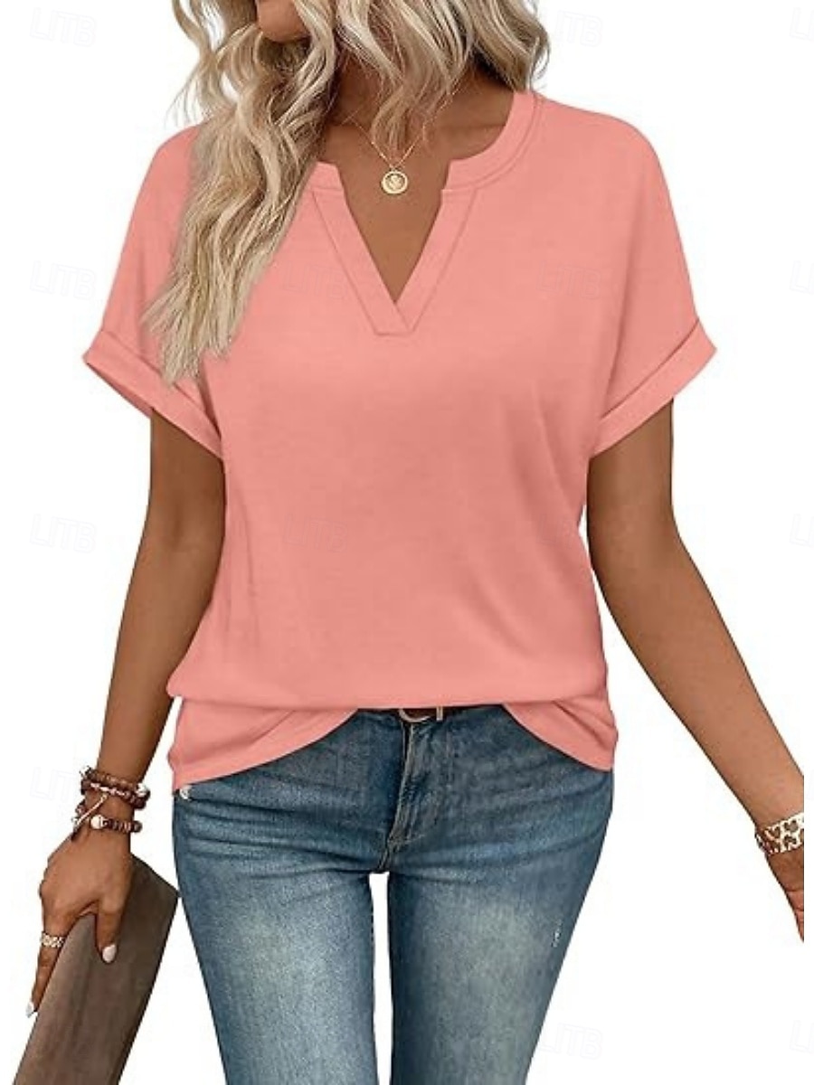 Femmes T-shirt Uni Mode Élégant Classique Manche Courte Col en V Hauts Réguliers Quotidien Sortir Week-end Bleu Noir Blanche Rose Claire Rouge Été Printemps de 2026 ? $19.99 –P13