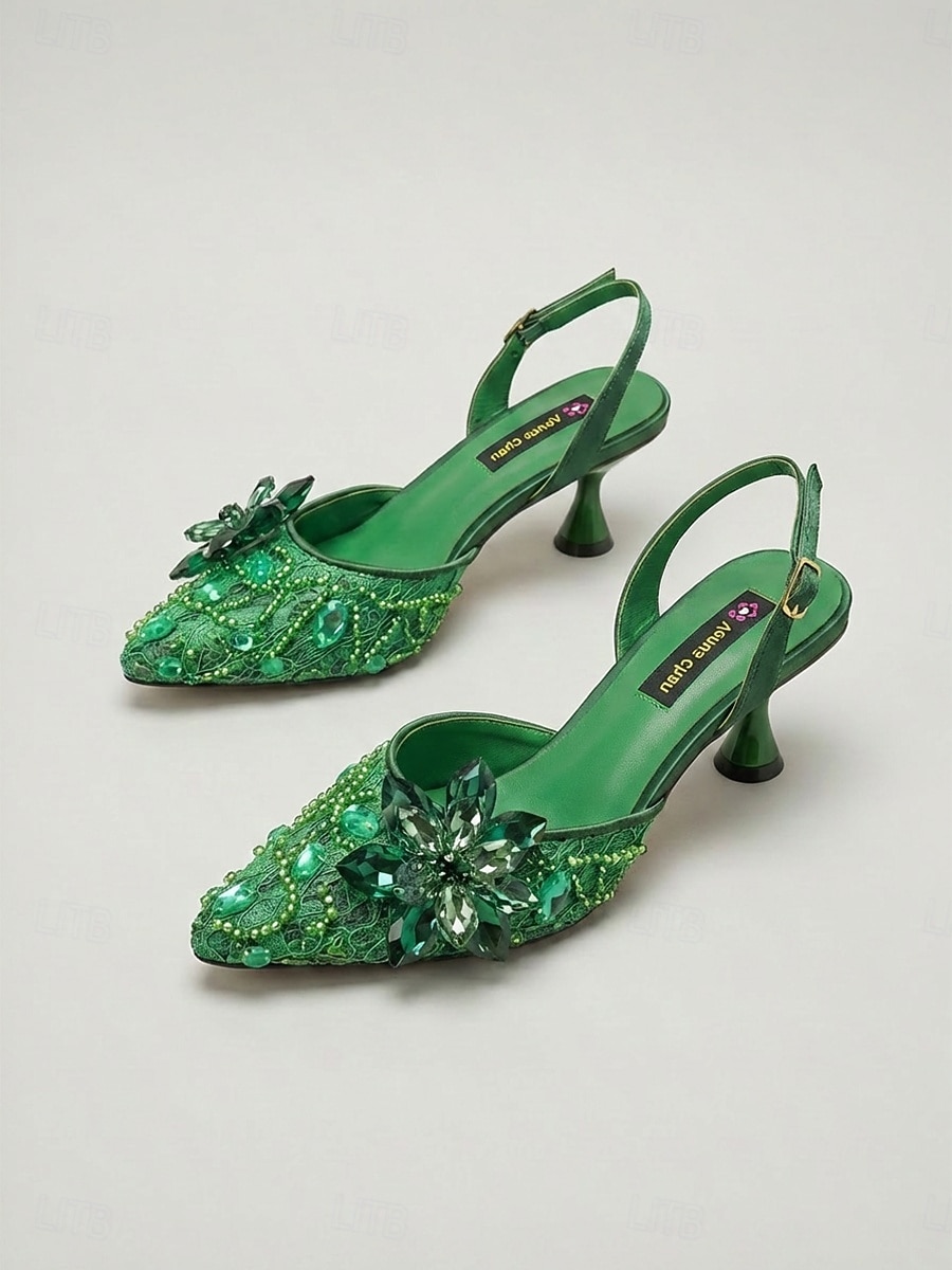 Damskie zielone, zdobione czółenka na obcasie typu slingback - spiczaste noski z kryształkami i kwiatowym wzorem na koktajlowe przyjęcia i wieczorne imprezy &wieczór oświadczeń 2026 - $54.99 –P3