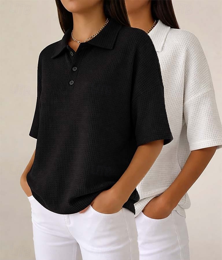Damskie Koszula waflowa Jednokolorowe Elegancja Aktywny Urlop Bez rękawów Rękaw 1/2 W serek Kołnierz polo Długie topy Codzienny Na zewnątrz Streetwear Niebieski / Czarny Biały + czarny Czerwony 2026 - $45.99 –P10