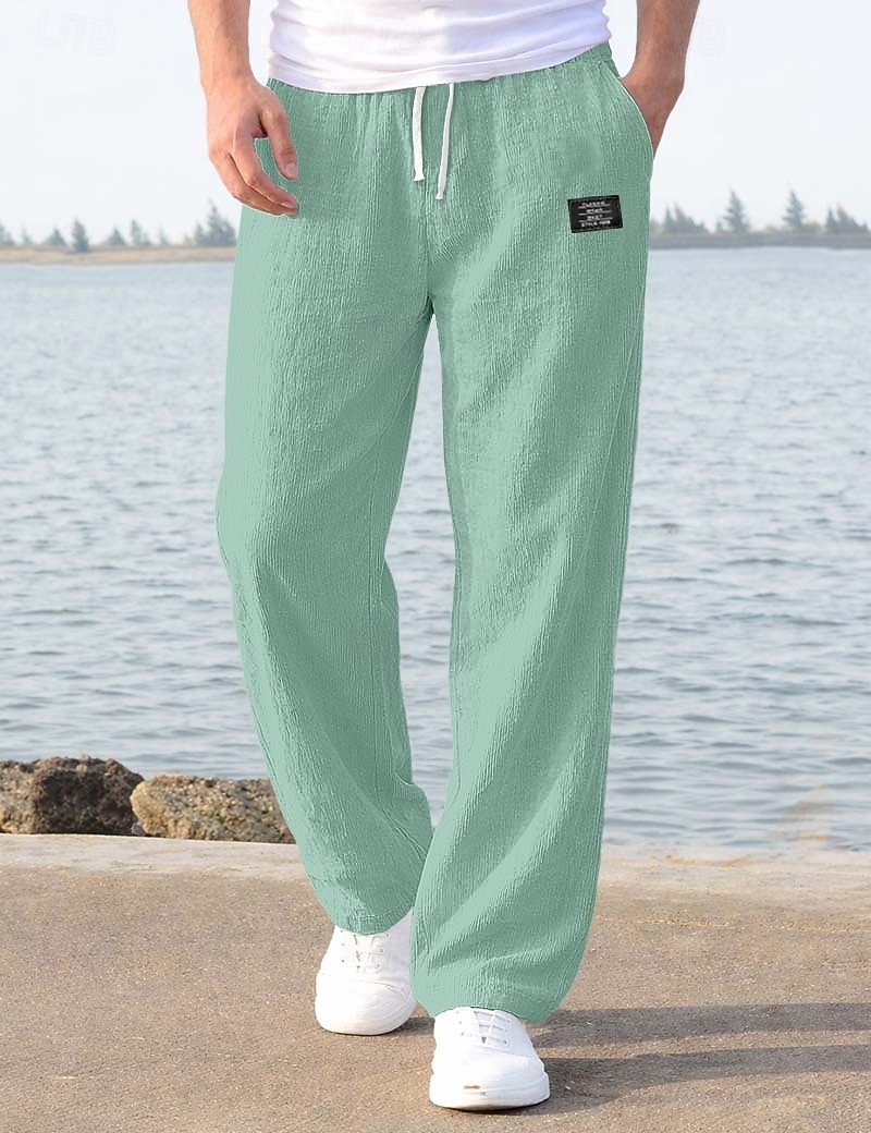 Men's Linen Pants Trousers Summer Pants Baggy Pants Beach Pants Drawstring Elastic Waist Straight Leg Plain Comfort Breathable Full Length Casual Daily Holiday Vacation Fashion Loose Fit Blue White 2026 - $27.99 –P5