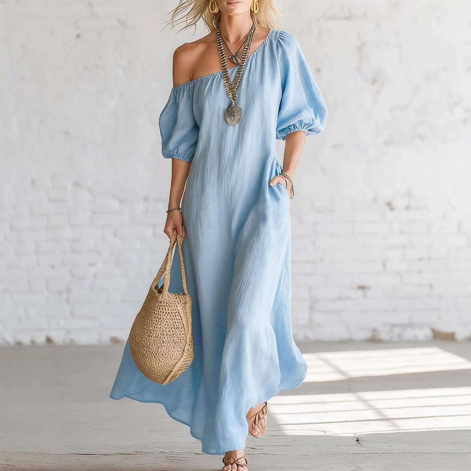 loose cotton midi dress Women's Linen Cotton V-Neck Dress Short Sleeve Loose Midi Dress with  Pockets, Comfortable Casual Summer Dresses,L,Navy
