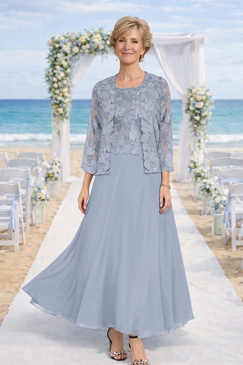 Zweiteilig Kleid-Sets Knöchellänge Kleid für Hochzeitsgäste Brautmutterkleid Langarm Rundhalsausschnitt Elegant Hochzeitsgast Kirche Chiffon mit Spitze Stickerei 2026 - $195.99 –P7