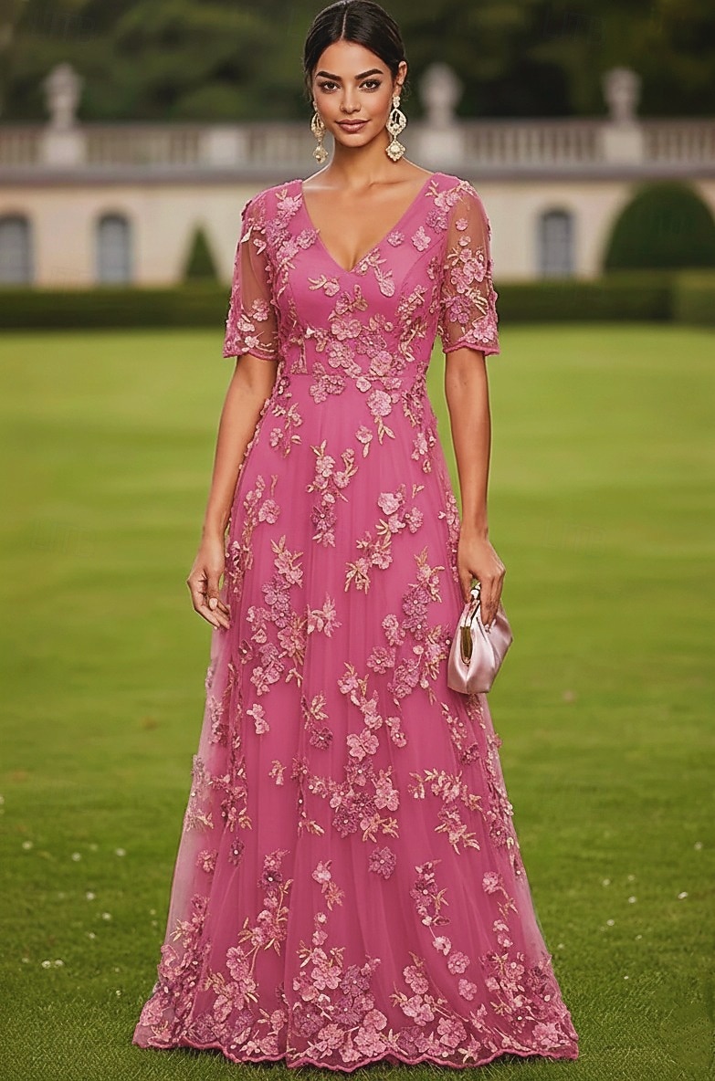 Linea ad A Abito Lunghezza al pavimento Vestito maxi Vestito da Festa Abito da Cocktail Abito da cerimonia per signora Manica Corta Scollo a V Elegante Vintage Lussuoso Formale Ospite di nozze Derby del 2026 a $182.99 –P9