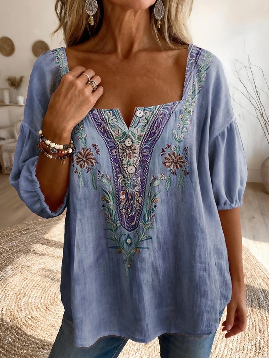 Femmes Chemisier Boutons Imprimé Fleuri Graphique Quotidien Élégant Occasionnel Demi Manches Col carré Hauts Réguliers Occasionnel Quotidien Bleu Beige Été Printemps de 2026 ? $33.99 –P1