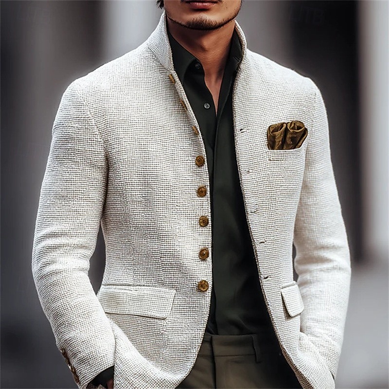 Men's Blazer Jacket Casual Business Work Vintage Neutral Spring Fall Terylene Solid Color Single Breasted Blazer White 2026 - $53.99 –P2