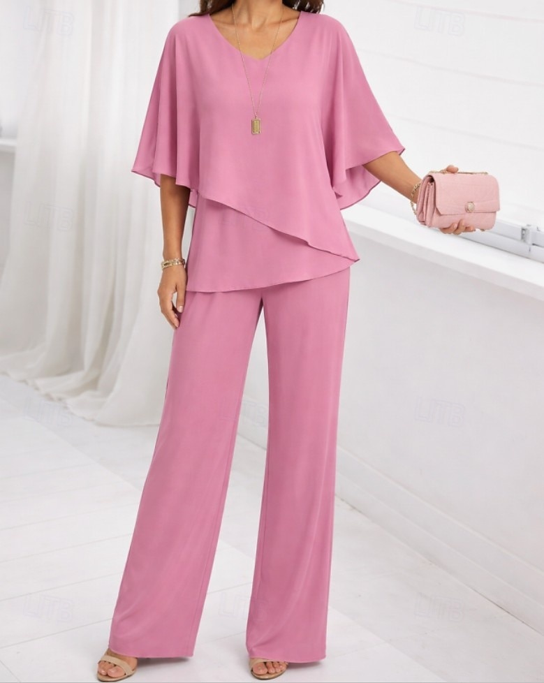 Women's Blouse Wide Leg Pants 3/4 Length Sleeve V Neck Plain Ruffle Fashion Streetwear Daily Casual Daily Pink Purple Khaki Spring &  Fall Regular Fit 2026 - $43.99 –P4