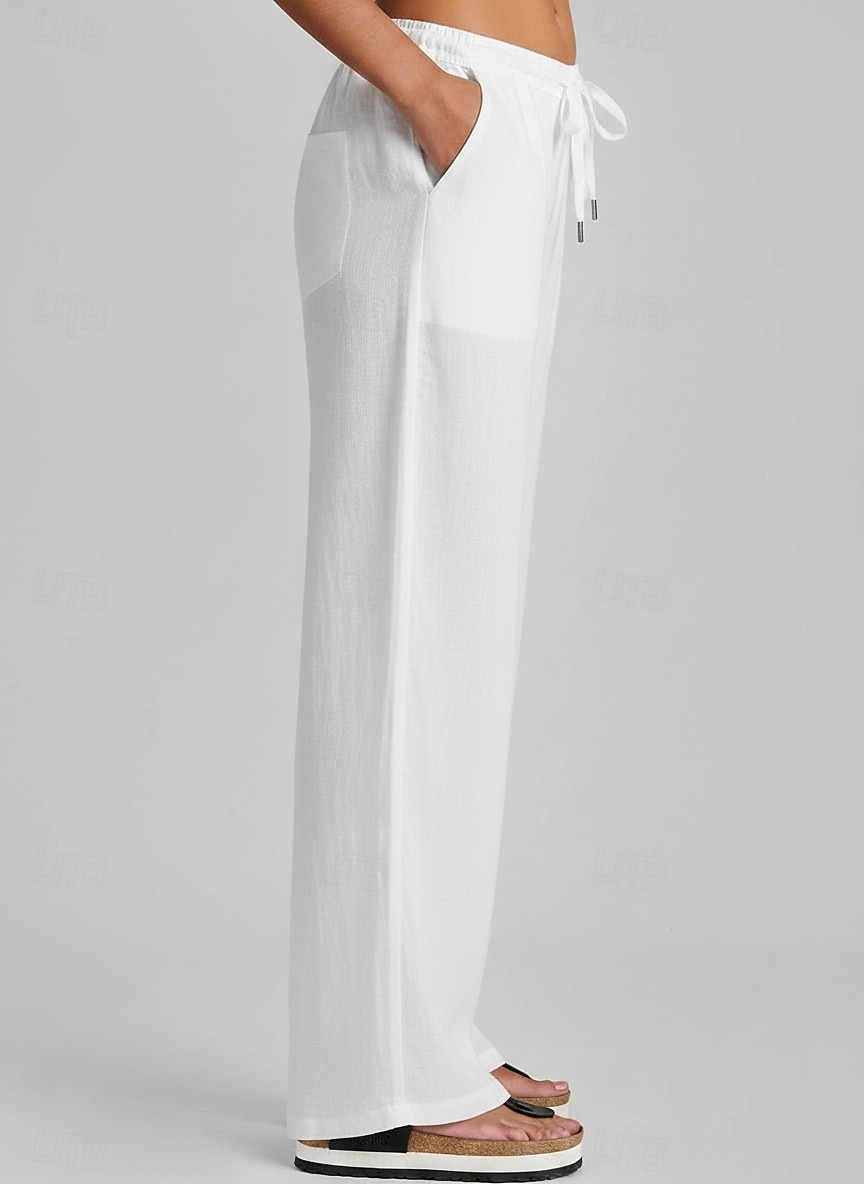 pantaloni de vară pentru femei 100% bumbac mărimi mari, vară, vacanță, simplu, casual, zilnic, lungime completă, talie înaltă, culoare uni, șnur, picior larg, confortabil, uscare rapidă, micro-elastic, purtare zilnică, gri, negru, alb închis 2026 - $17.99 –P5