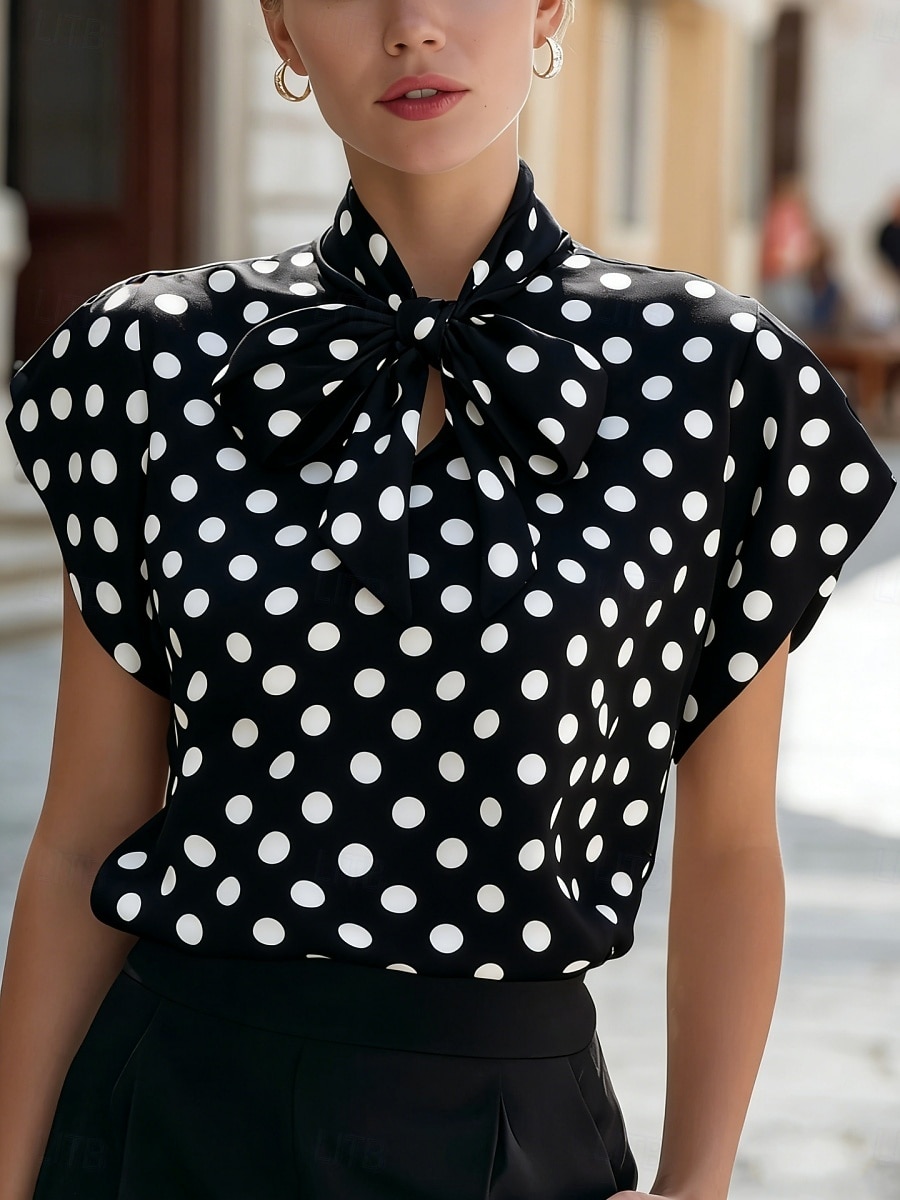 Dames Overhemd Blouse Top met stippen Strik Geometrisch Stijlvol Basic Klassiek Korte mouw Stropdas nek Normale tops Dagelijks Kantoor Feestdagen Zwart Wit Rood Zomer Lente 2026 - $28.99 –P3