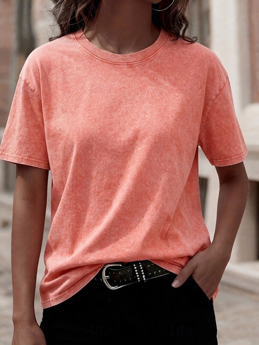 Tricou softfade™ pentru femei, 100% bumbac, spălat, vintage, topuri, modă, stilat, clasic, mânecă scurtă, guler rotund, topuri lungi, casual, zilnic, plajă, roz, roșu, albastru, verde iarbă, negru, portocaliu, vară, primăvară 2026 - $21.99 –P11