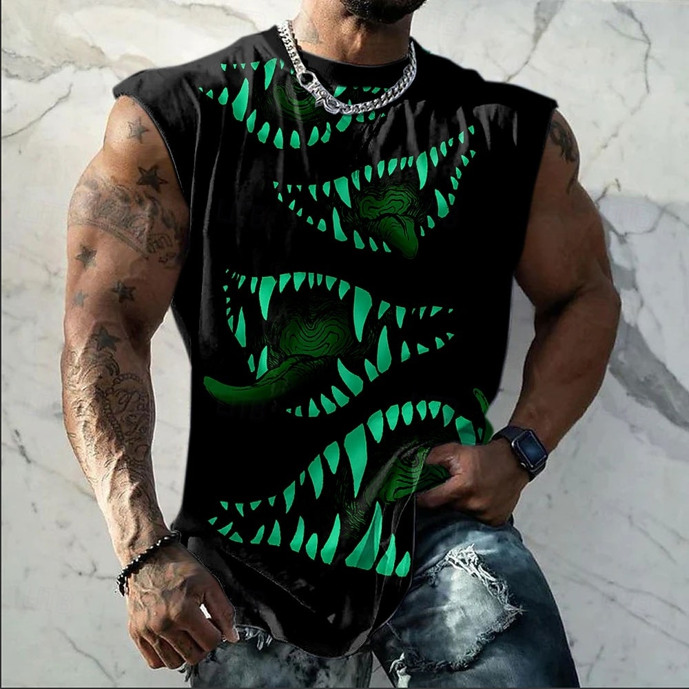 herrtopp med taggiga monsterkäkar, flera vassa tänder, gotisk punk, skräck, ärmlös, heltryck, gym, sommar, musik, festival, designerkläder, s m l xl xxl xxxl 2026 - $17.99 –P2