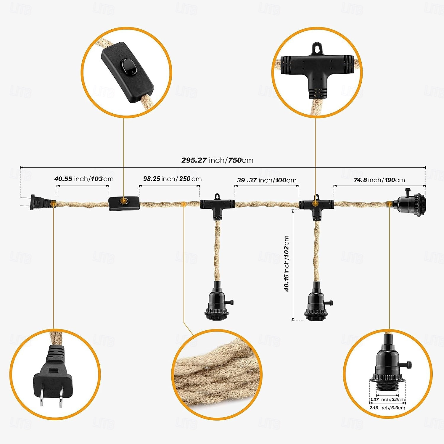 15ft 1-lichts stekker, 23ft 3-lichts stekker, hanglampen met stekker, hanglampenset van henneptouw met tweewegschakelaar, hanglampensets in boerderijstijl, doe-het-zelf hanglampen 2026 - $54.99 –P5