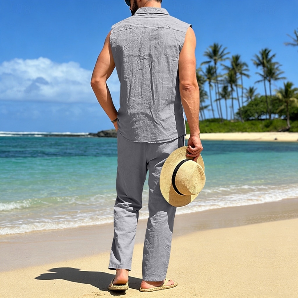 Male Linen Shirt 2 Piece Shirt Set And Linen Pants Trousers Casual Pants Set Plain Daily Outdoor Vacation Turndown Sleeveless Summer Fashion Casual Comfortable Clothing Apparel 2026 - $36.99 –P12