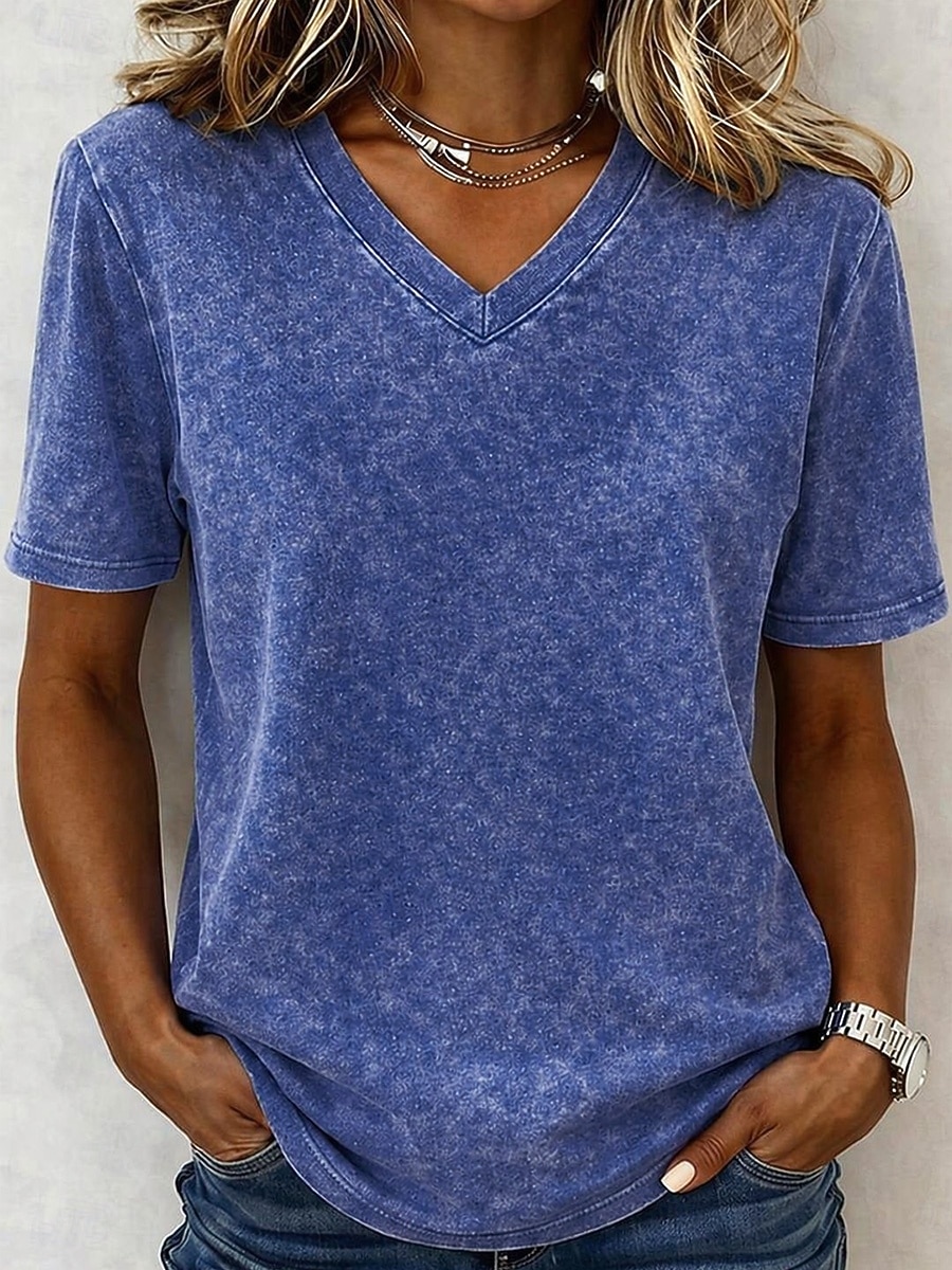 Damen T Shirt Baumwollhemd T-Shirt Gerafft Einfach Vintage Mode Stilvoll Kurzarm V Ausschnitt Normale Oberteile Lässig Täglich Ausgehen Blau Violett / Blau Schwarz Armeegrün Purpur Sommer Frühling 2026 - $21.99 –P14