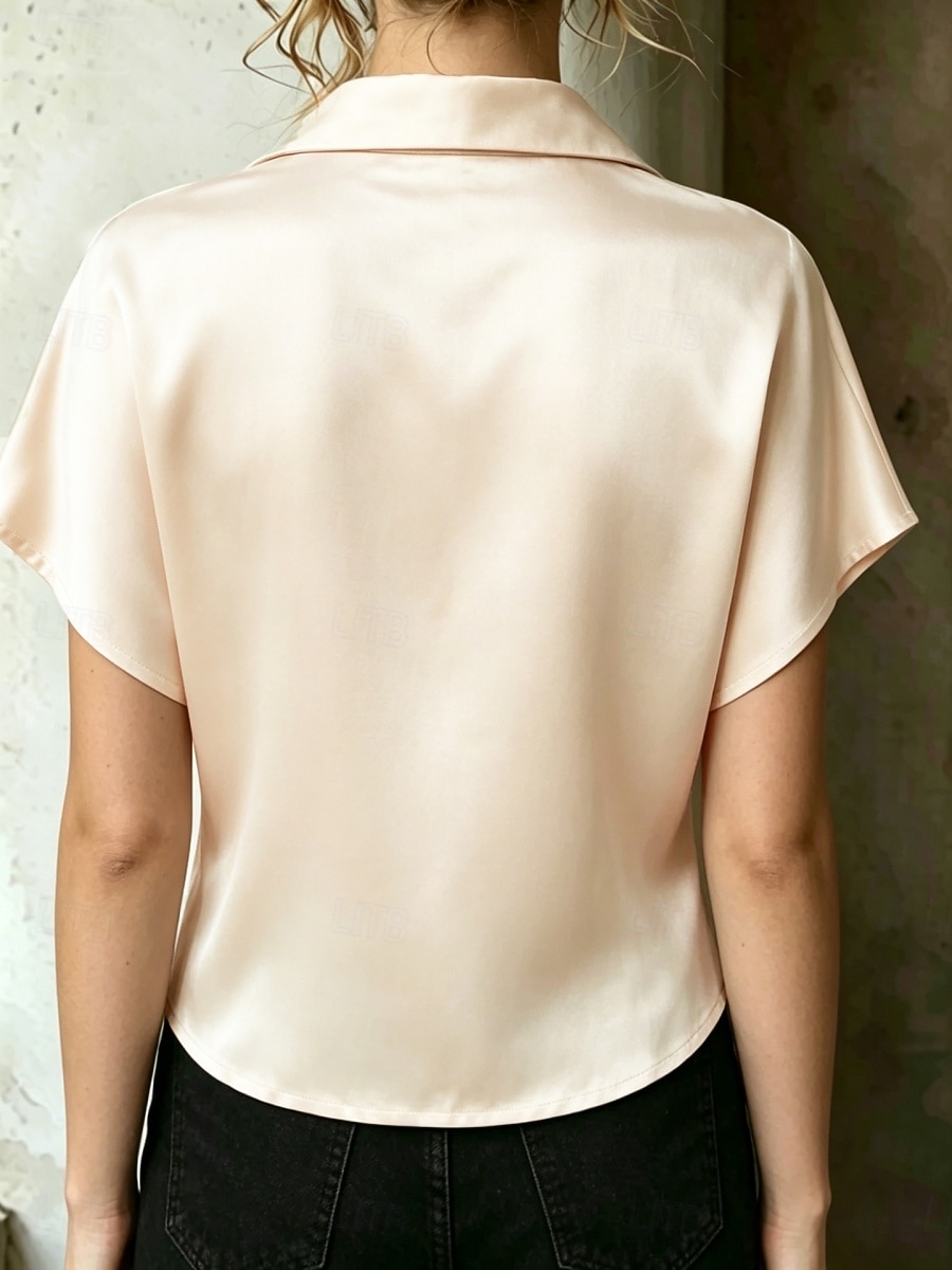 Pentru femei Cămașă din satin Bluză Nasturi Culoare solidă Stilat Casual Manșon scurt Guler Cămașă Crop Tops Casual Zilnic În aer liber Albastru piscină Negru Alb Caisă Vară Primăvară 2026 - $24.99 –P8