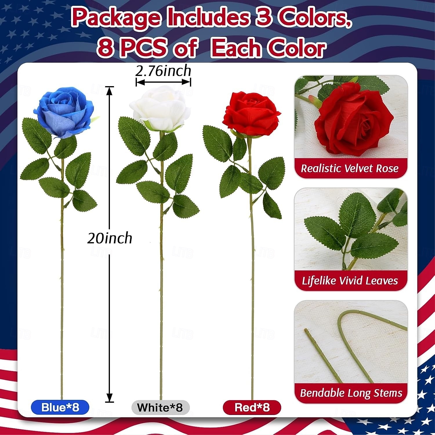 24 Artificial Roses For July 4th Decoration, Red, White, And Blue Patriotic Floral Arrangement, Realistic Velvet Silk Roses, Sold In Bulk For Memorial Day Centerpieces And Home Decor 2026 - $30.99 –P2