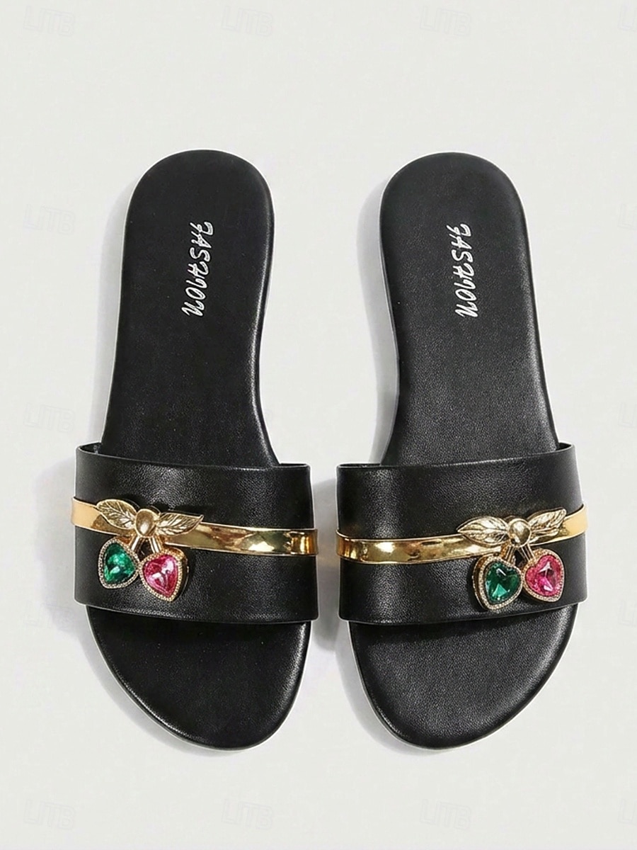 Women's Embellished Slide Sandals – Flat Slip-On Beach Sandals with Gemstone & Gold Detail, Boho Chic Resort Style for Summer Island Vacation & Seaside Wear 2026 - $19.99 –P3