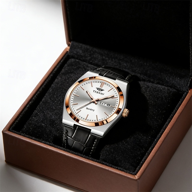 Relógio masculino de quartzo para negócios - relógio de pulso social com pulseira de couro e bisel em ouro rosa, relógio analógico luminoso com dia e data, relógio minimalista à prova d'água para de 2026 por $24.99 –P4