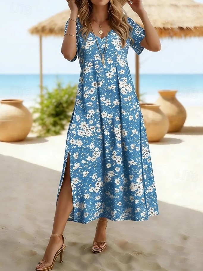 Mujer Vestido maxi Vestido de una línea Vestido de verano Vacaciones Casual Playa Ajuste regular Floral Graphic Manga Corta Escote en Pico Azul Piscina Azul Oscuro Verano Primavera 2026 - $26.99 –P3