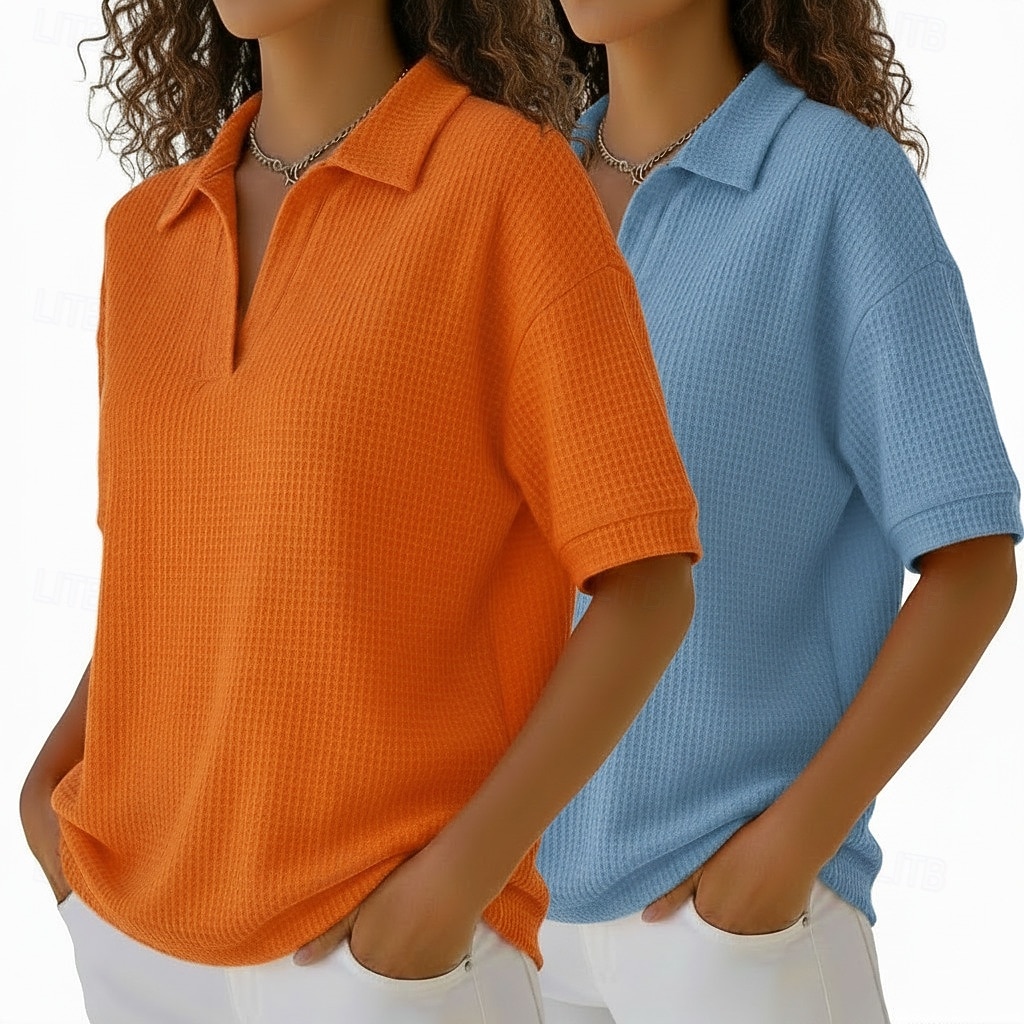 Wielopak 2 szt. damskich koszulek z waflowym wzorem, koszulki polo, T-shirty, dzianinowe topy z waflowym wzorem, proste, modne, podstawowe, klasyczne, z krótkim rękawem, z kołnierzykiem, zwykłe topy, codzienne, plażowe, żółte i pomarańczowe 2026 - $41.99 –P1