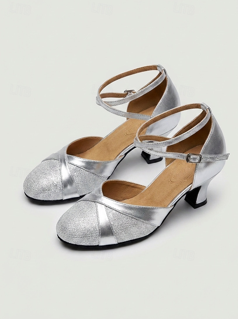 Damen-Standardtanzschuhe in Silber – geschlossene Zehenpartie, Standard &Lateinamerikanische Tanzschuhe mit gekreuzten Riemen, professionelles Training & Wettbewerb 2026 - $34.99 –P4
