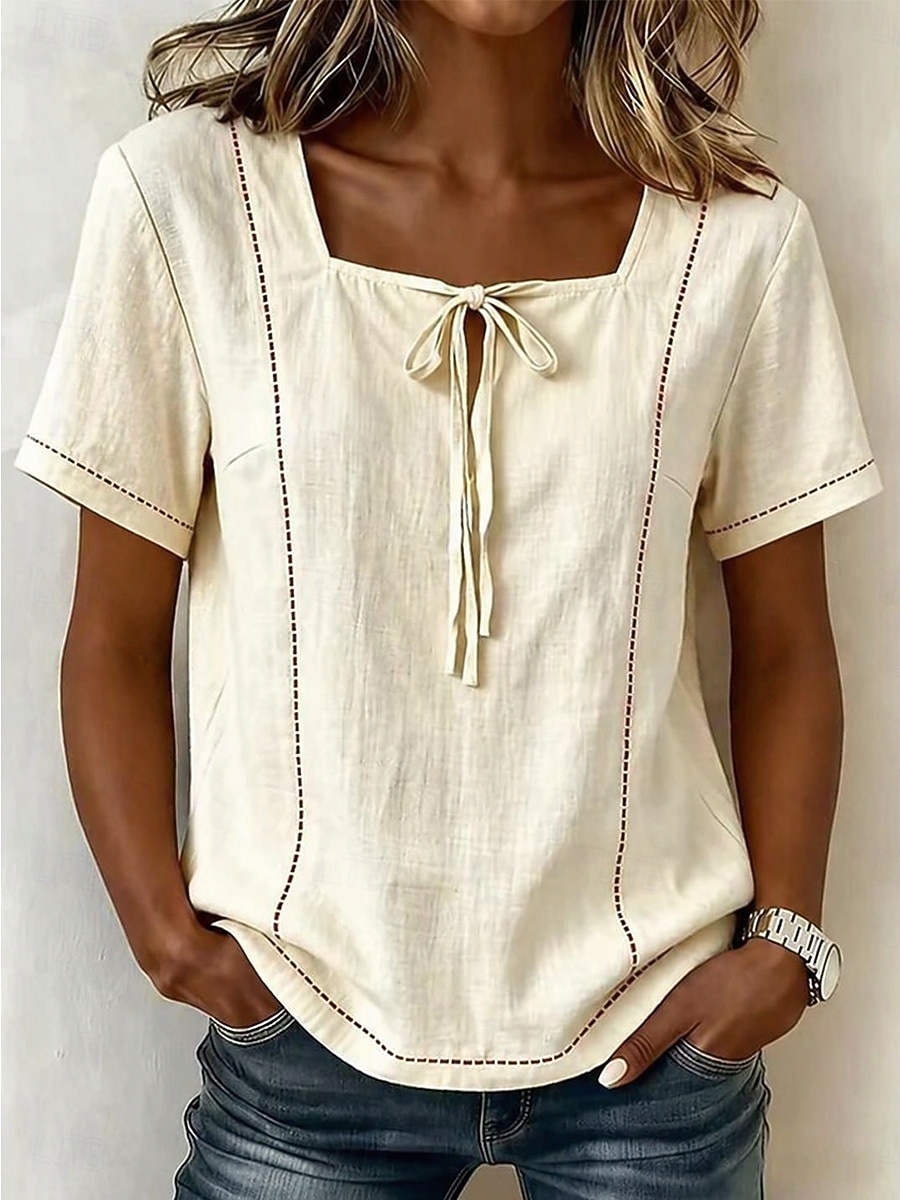 Damen Hemd Kordelzug Vorderknoten Bohemien Urlaub Vintage Kurzarm Asymmetrisch Lange Oberteile Lässig Täglich Arbeit Weiß Gelb Dunkelblau Beige Leicht Blau Sommer Frühling 2026 - $28.99 –P4