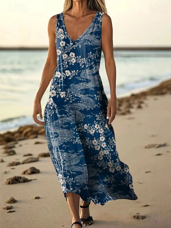 Women's Maxi Dress Boho Dress Vintage Dress Casual Dress Vintage Holiday Loose Fit Boho Floral Graphic Sleeveless V Neck Blue Red Orange Summer Spring 2026 - $37.99 –P3