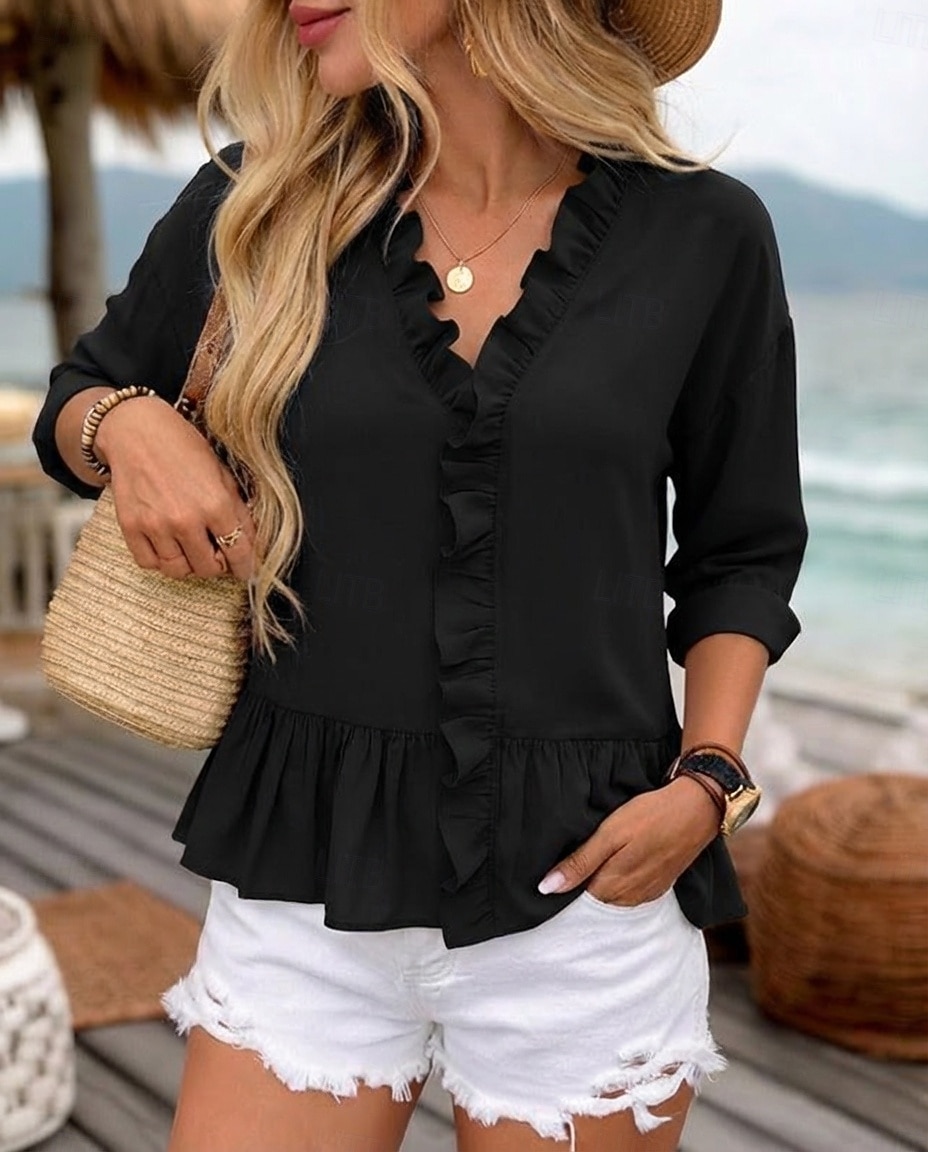 Koszula damska 100% bawełniana bluzka koszula z falbanami patchwork jednolity kolor casualowa stylowa klasyczna nowoczesna długi rękaw dekolt w serek regularne bluzki na co dzień wakacje na wyjście 2026 - $22.99 –P5
