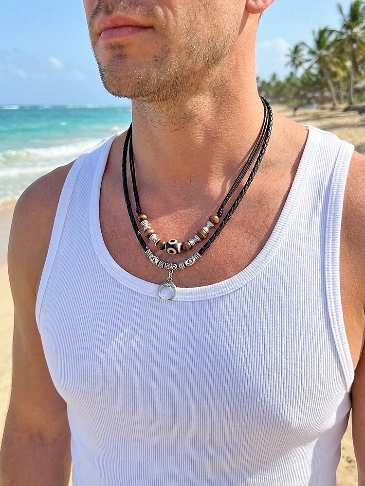 Men's Bohemian Style Double-Layer Necklace, Alloy & Leather Cord Mixed Material, Crescent Moon Pendant, Adjustable, Perfect for Beach Vacation, Daily Casual Wear 2026 - $9.99 –P1