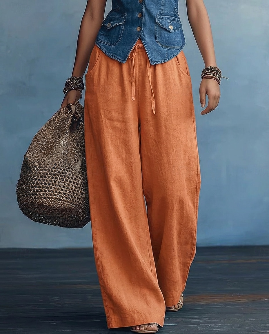 Damen Kunstbaumwollleinen Hose Sommerhose Baggy-Hosen Elegant Urlaub Ethno-Stil Volle Länge Hohe Taille Kordelzug Weites Bein Komfort Unelastisch Täglich Strand Formell Violett Mandelfarben Schwarz 2026 - $21.99 –P1