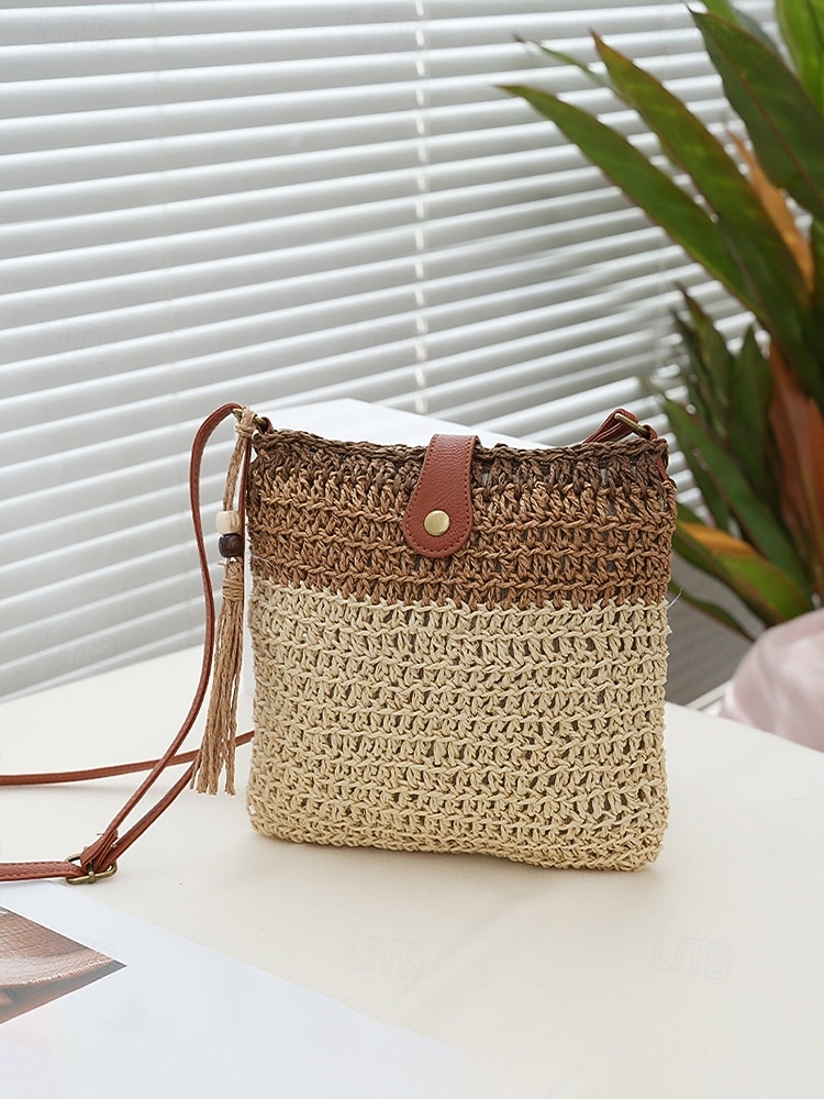 Женская богемная соломенная сумка с кисточкой, регулируемым плечевым ремнем, два цвета (белый и хаки), легкая плетеная пляжная сумка, идеально подходит для отдыха, повседневной носки и летних прогулок. 2026 - $18.99 –P4
