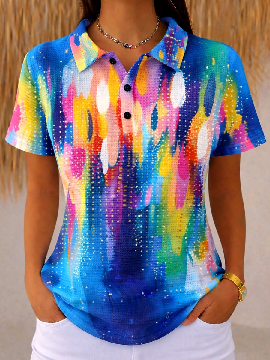Femmes Chemise Chemises Polo Gaufre Hauts d'été A Ombre Graphique Géométrique ancien Élégant Manche Courte Col Rabattu Col Polo Hauts Réguliers Mariage à la plage Occasionnel Quotidien Bleu Rose de 2026 ? $24.99 –P1