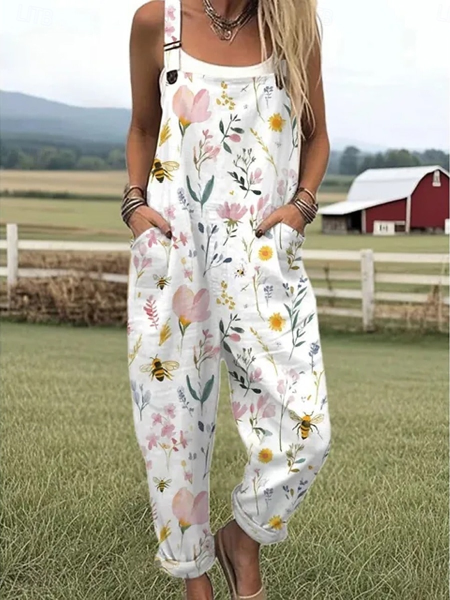 Women's Overall Active Floral Sleeveless Sleeveless Square Neck Pocket Print Daily Beach Loose Fit White Pink Beige Summer 2026 - $45.99 –P1