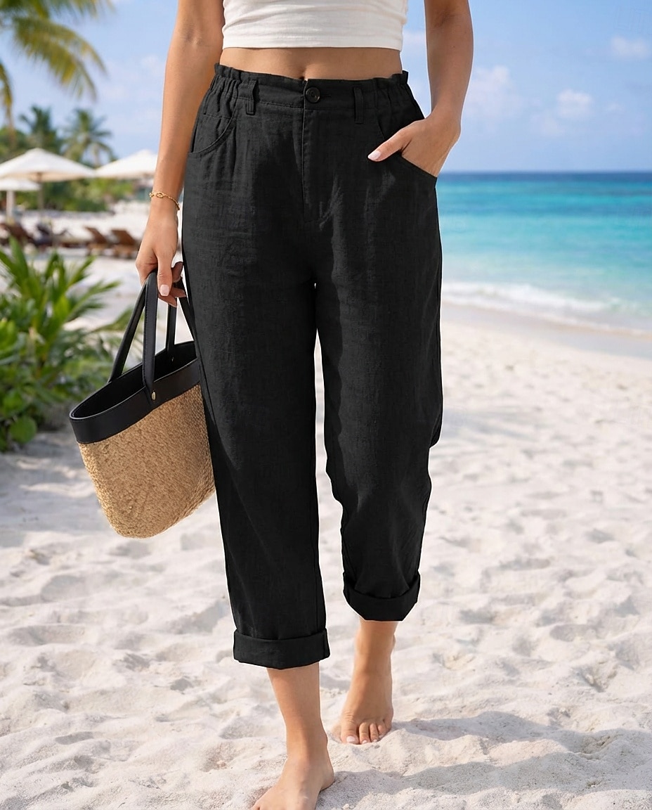 Pentru femei Pantaloni cu aspect de in Pantaloni casual Vacanță De Bază Lungime până la glezne Talie Înaltă Comfortabil Inelastic Vacanță Oficial Stradă Albastru piscină Gri Închis Caisă Negru Var 2026 - $29.99 –P5