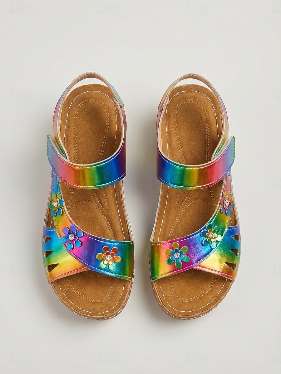 Sandali con zeppa casual colorati da donna – scarpe estive decorate con fiori, sandali aperti con velcro regolabili per feste in giardino e viaggi &abbigliamento quotidiano del 2026 a $26.99 –P4
