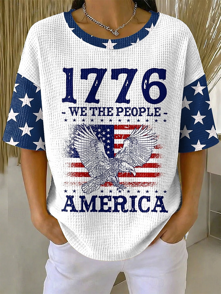 Dia da Independência Americana Mulheres Camiseta Waffle Tops tricotados texturizados Gráfico Bandeira americana à moda Clássico Manga Curta Gola Redonda Tops regulares Casual Diário Azul Vermelho de 2026 por $21.99 –P1