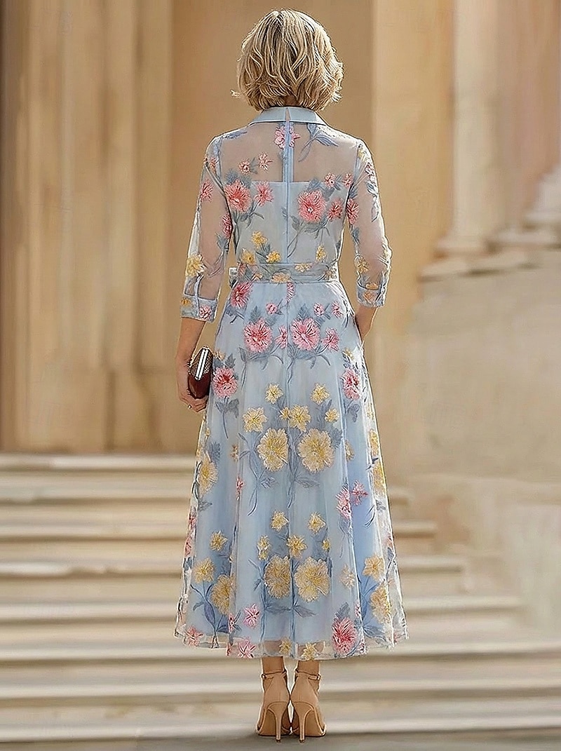 A-lijn Jurken Tot de enkel Over de knie Bruiloft gast jurk Moeder van de bruid jurk 3/4 mouw Overhemdkraag Elegant Vintage Formeel Bruiloft gast Semi formeel Organza Jacquard met Strik(ken) 2026 - $154.79 –P3