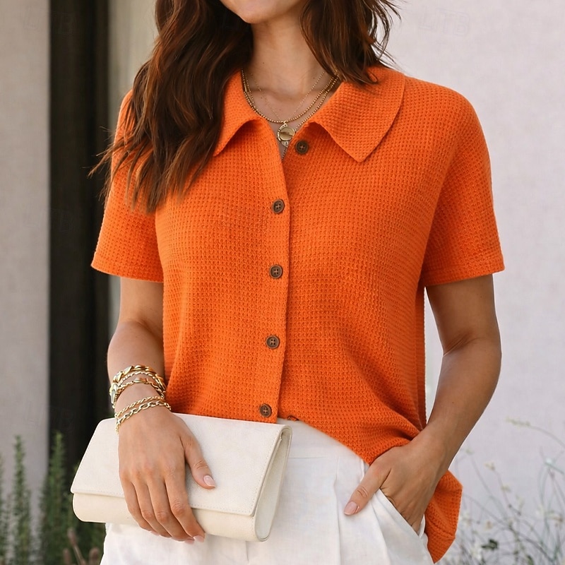 Per donna Camicia Camicia a nido d'ape Camicia casual Camicia con Bottoni Bottoni Tinta unica Semplice Vacanza Moda Quotidiano Manica Corta Collo ripiegato Top Regolari All'aperto Abbigliamento del 2026 a $25.99 –P1